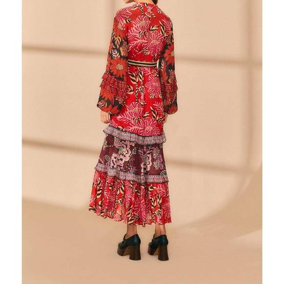 NEW FARM RIO mixed floral prints long sleeve maxi dress in red multi - Picture 4 of 6